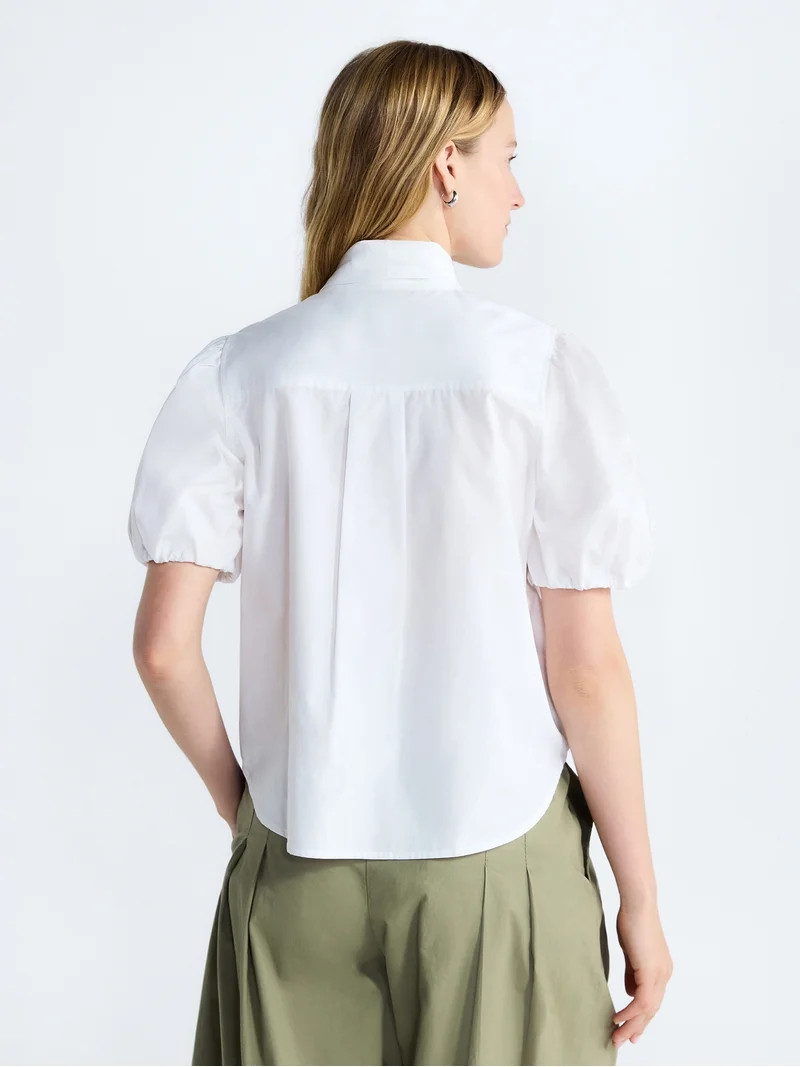 Free Assembly Women's Cotton Bow Blouse with Short Puff Sleeves, Sizes XS-XXL - Walmart.com | Walmart (US)