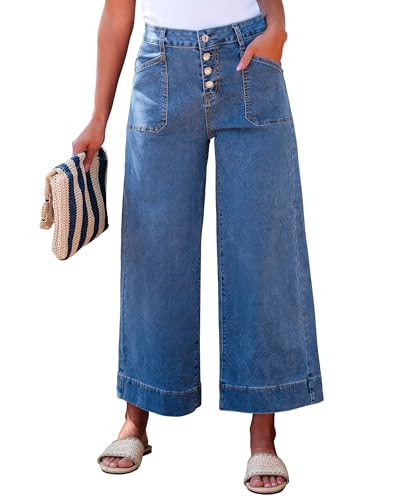 luvamia Women's Cropped Jeans Wide Leg High Waisted Button Fly Baggy Denim Pants Trendy Wide Leg Jeans for Women High Waist Classic Blue Size XX-Large US 20 to 22 | Amazon (US)