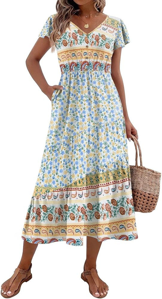 Zeagoo Women's Summer Casual Dress Flutter Short Sleeve V Neck Button Down Tiered Flowy Long Dres... | Amazon (US)