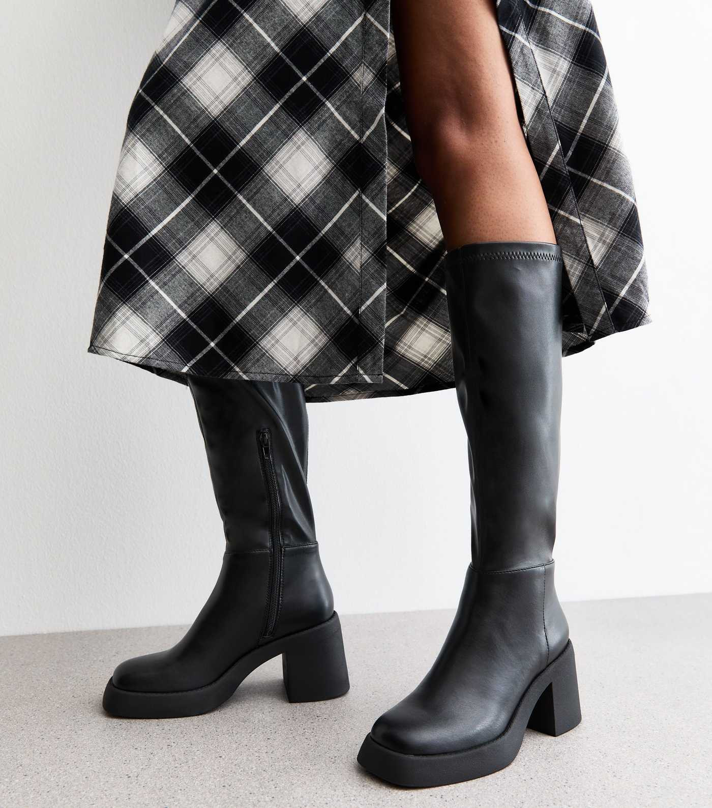 Black Faux Leather Block Heel Knee High Boots | New Look | New Look (UK)