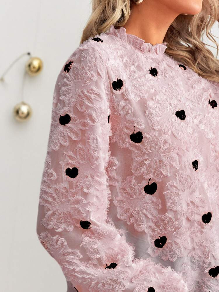 Heart Embroidery Frill Neck Fuzzy Blouse | SHEIN