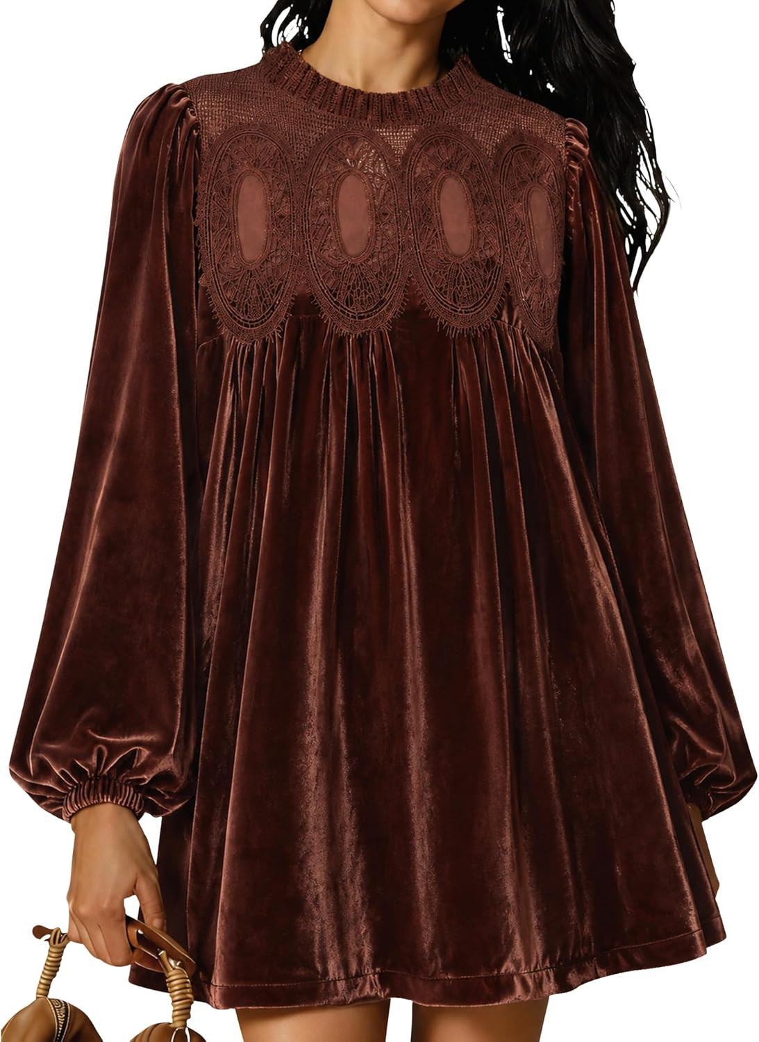 Huaqiao Womens A-Line Velvet Lace Overall Pleated Babydoll Mini Dress Casual Scallop Neck Flared Swing Dress | Amazon (US)