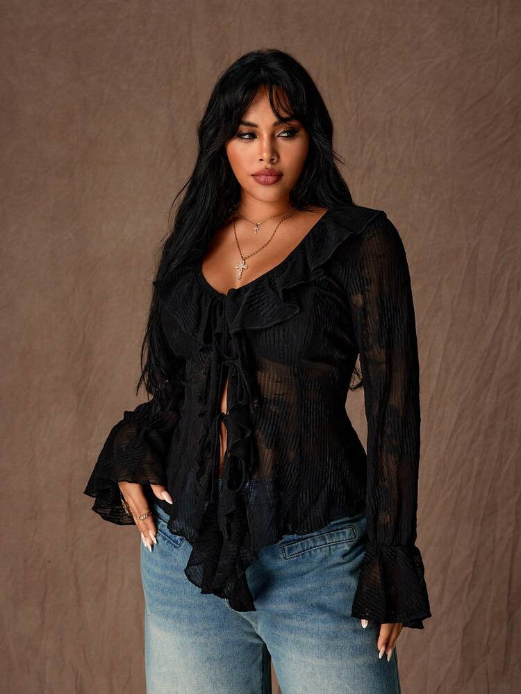 Rustia Plus Size Women Elegant Solid Color Ruffle V-Neck Semi-Sheer Blouse | SHEIN