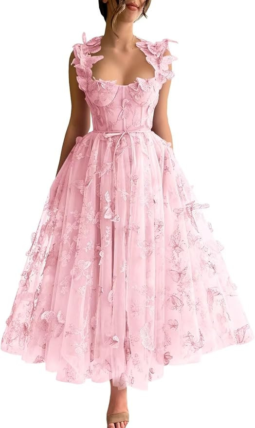 3D Butterfly Tulle Prom Dresses Tea Length Lace Appliques Embroidery A Line Formal Evening Party ... | Amazon (US)