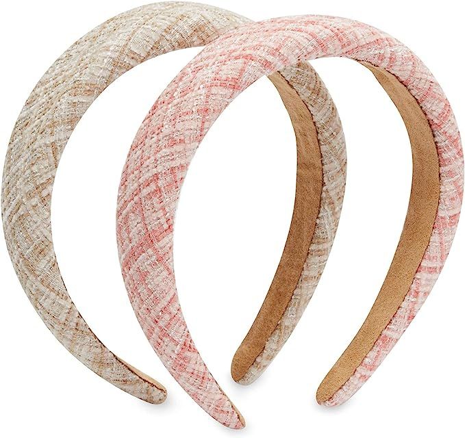 Tweed Plaid Padded Headbands for Women, Girls, Teens (Pink and Beige, 2 Pack) | Amazon (US)