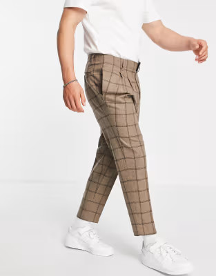 ASOS DESIGN tapered cropped wool mix smart pants in camel check | ASOS | ASOS (Global)