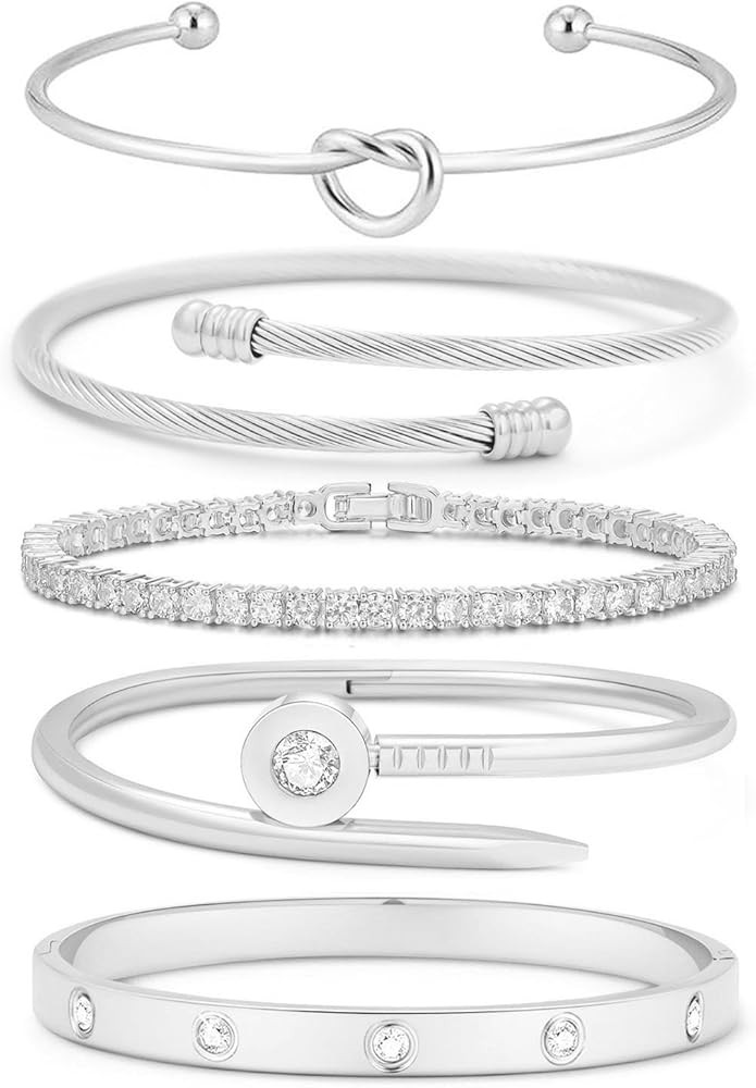 18 K Gold Plated Love Bangle Bracelet Stack Cuff Jewelry for Women Jewelry Set for Women Gift wit... | Amazon (US)