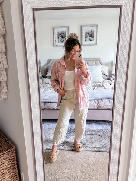 Another Momfit! Love these pants from Walmart, super comfortable cargos! This overshirt is great for throwing over any tank or tshirt- or even a coverup for the summer! + my fav Target platform sandals that are Steve Madden dupes! #ltkwalmart #walmartfinds #pinkblush #targetfinds #ltkwalmartwomans #momfit 