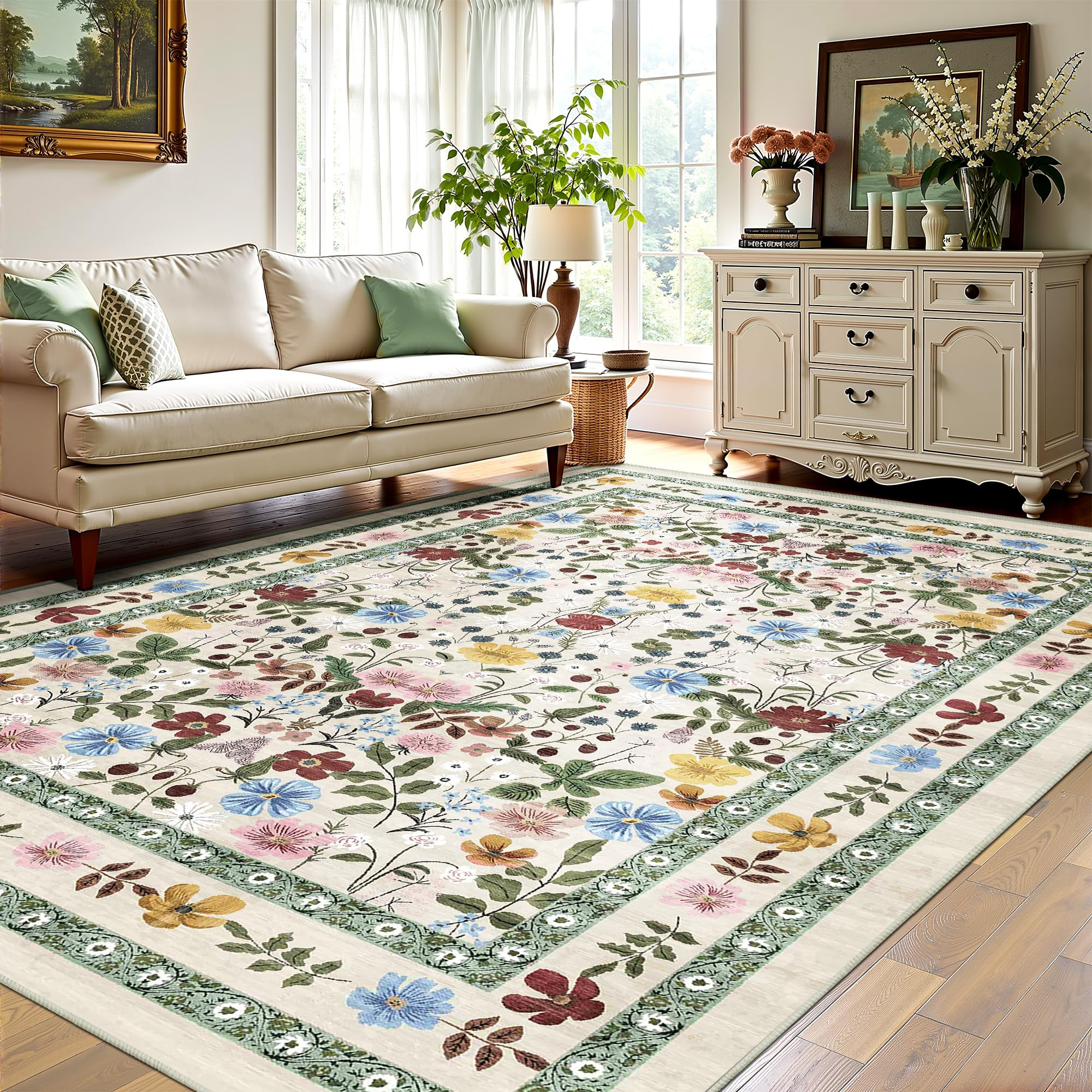 Deerly Boho Floral Rug 6x9 Vintage Colorful Washable Non-Slip Living Room Carpet Soft Low Pile Th... | Amazon (US)