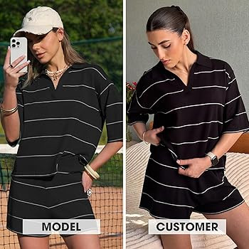 EXLURA Women Summer 2 Piece Outfits Faux Cashmere Sweater Knit Oversized Polo V Neck Top Matching... | Amazon (US)