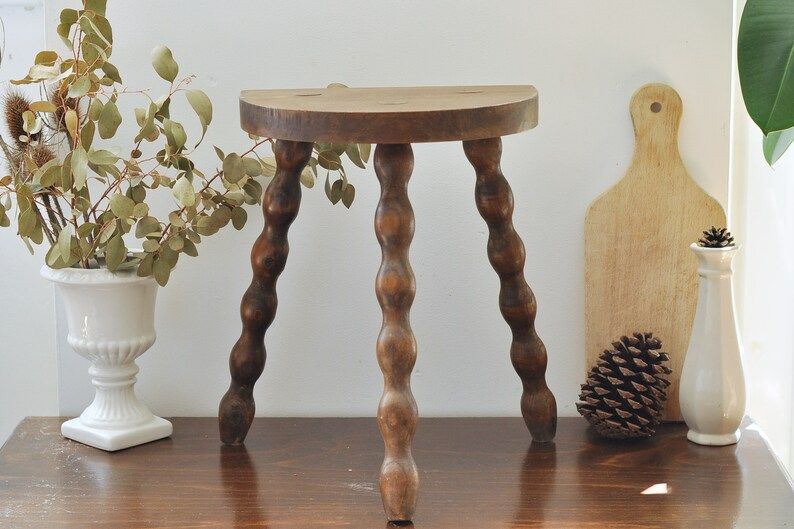 Small French Vintage Half-moon Shaped Wooden Milking Stool | Etsy (US)