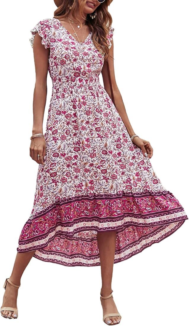 PRETTYGARDEN Women's Summer Maxi Dress Casual Floral V Neck Cap Sleeves Boho High Low Flowy Midi ... | Amazon (US)