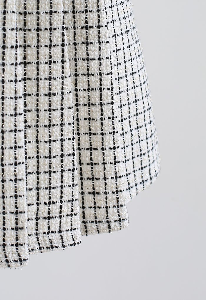 Pearl Button Check Tweed Mini Skirt in White | Chicwish