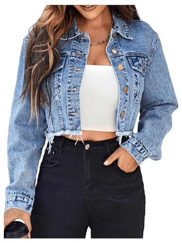 Floerns Women's Raw Hem Long Sleeve Button Down Pocket Cropped Denim Jean Jacket XS | Amazon (US)