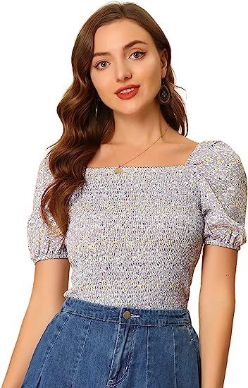 Allegra K Smocked Top for Women's Floral Puff Sleeve Slim Fit Square Neck Blouse | Amazon (US)