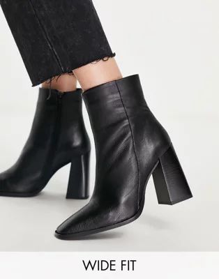 DEPP Wide Fit leather square toe block heel boots in black | ASOS (Global)