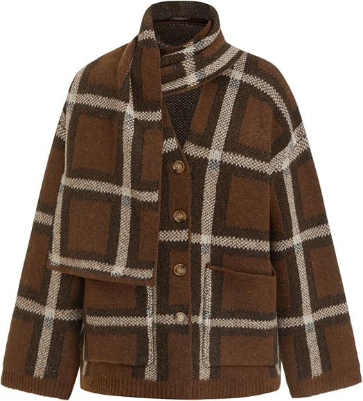 CIDER Oversized Plaid Cardigan Sweaters Knit Jacket with Matching Scarf | Amazon (US)