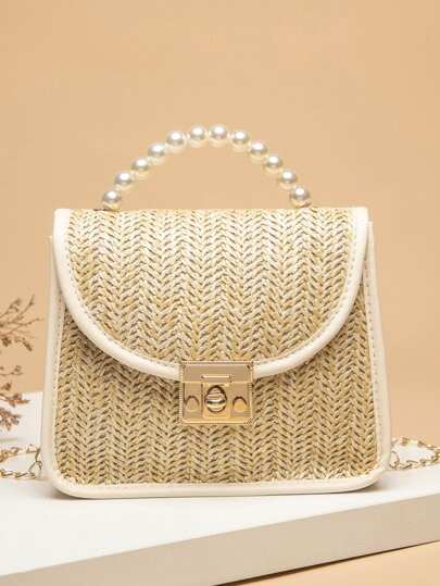 Faux Pearl Beaded Twist Lock Straw Bag | SHEIN