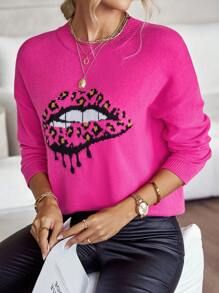 SHEIN LUNE Lip Pattern Drop Shoulder Sweater | SHEIN