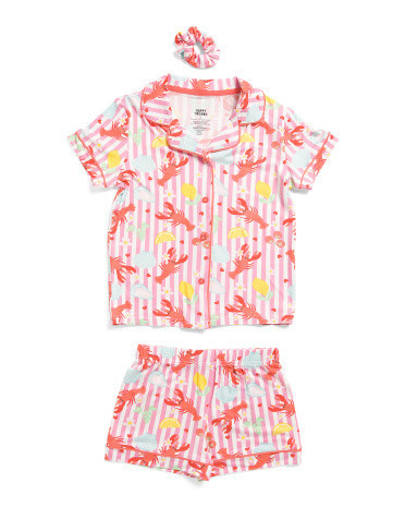 Girls Lobster Print Top And Shorts Pajama Set With Scrunchie | Polyester/Spandex | Marshalls
