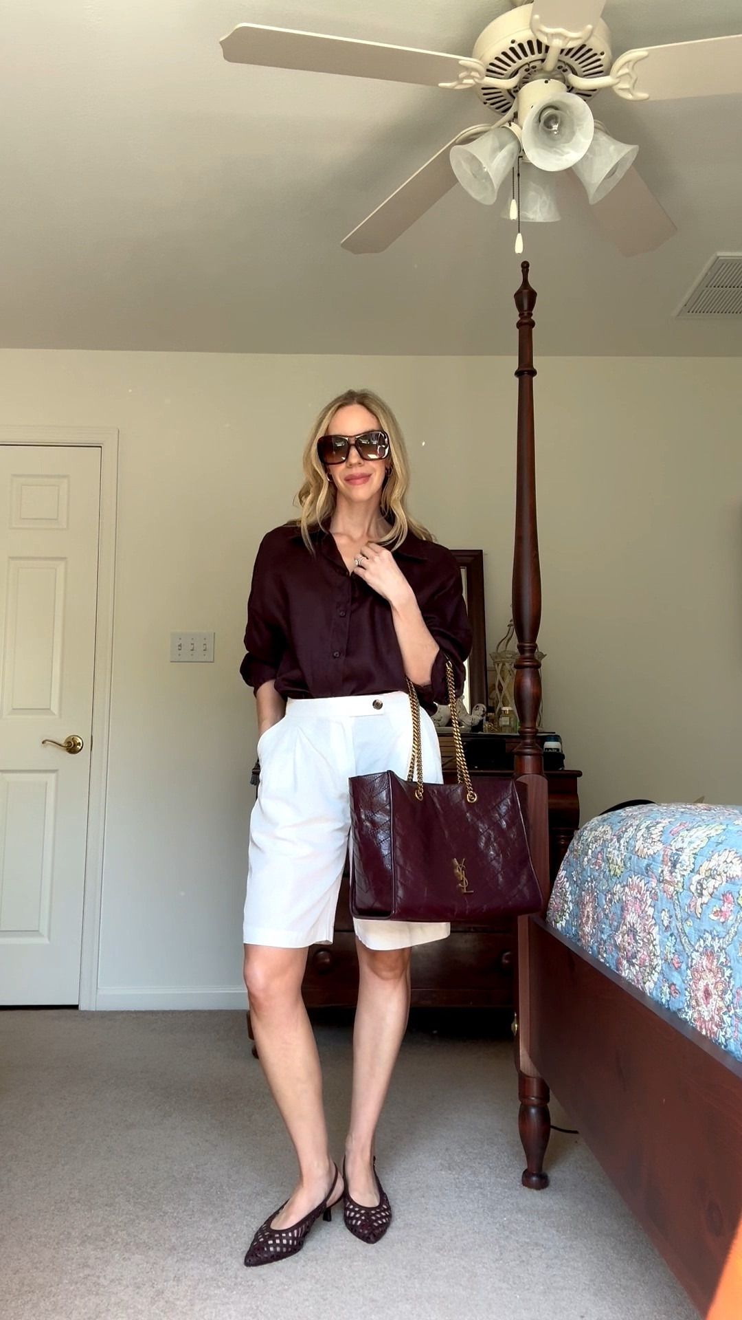 Dark brown with white summer outfit, dark brown linen shirt, white linen bermuda shorts, bermuda shorts with pointed toe pumps

#LTKSeasonal #LTKOver40 #LTKgrwm