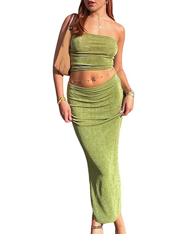 Women Y2K Skirt Set Outfits Strapless Tube Top Bodycon Midi Skirt Dress Sexy 2 Piece Outfits Skir... | Amazon (US)