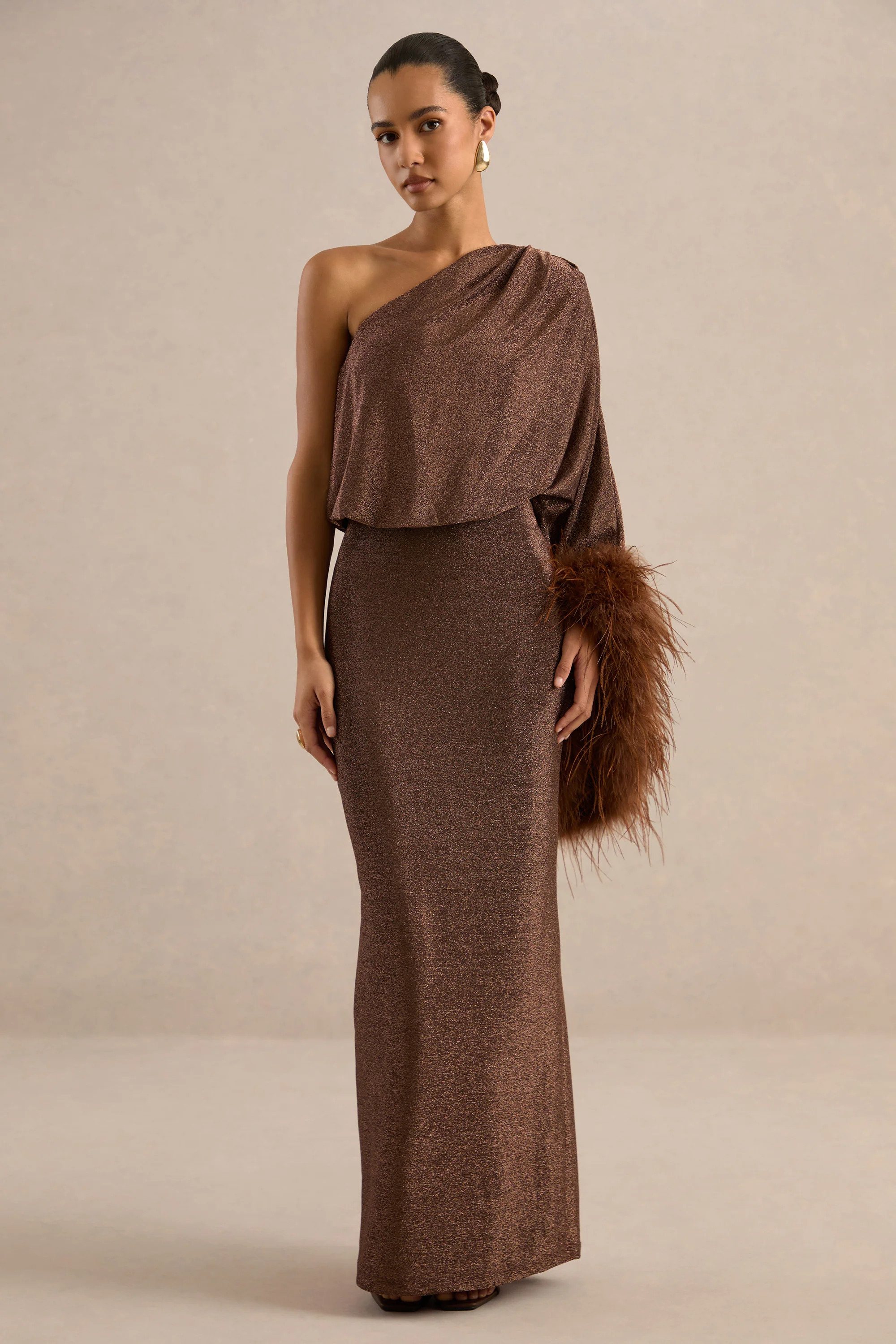 Galena | Brown Asymmetric-Neck Maxi Dress With Feather Trim Cuff | Club L London