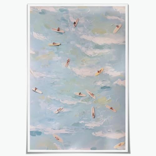 Aerial Surfers Posters Abstract Coastal Wall Art Canvas Print Blue Ocean View With Mini Surfboards Surf Painting Picture Decor for Bedroom Bathroom Modern Beach House Artwork 8x12inch Unframed | Amazon (US)