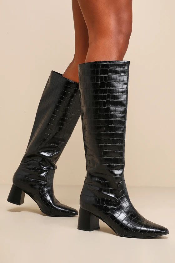 Bryson Black Crocodile-Embossed Knee-High Boots | Lulus