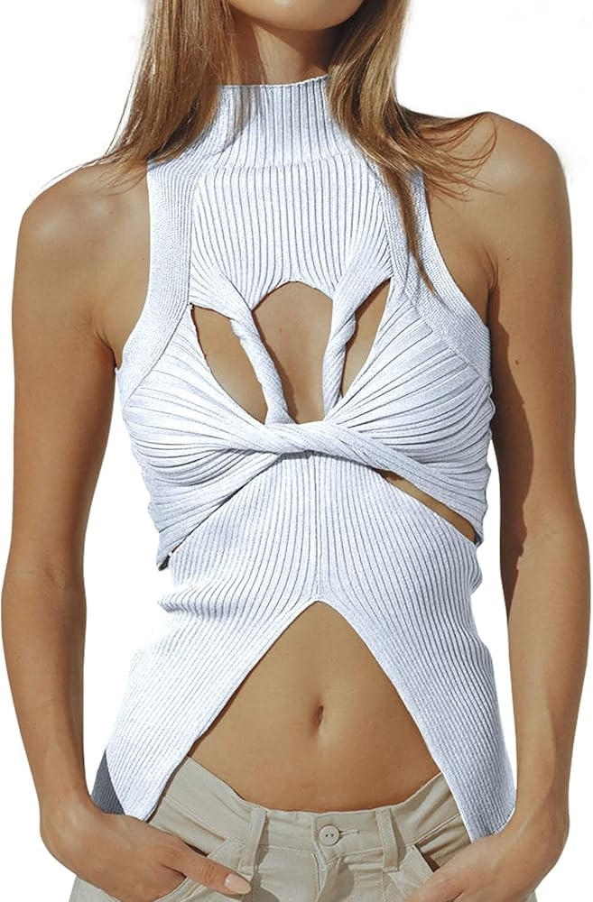 Women Strapless Crop Top Sexy Hollow Out Twist Front Knitted Tank Tops Sleeveless Y2K High Neck C... | Amazon (US)