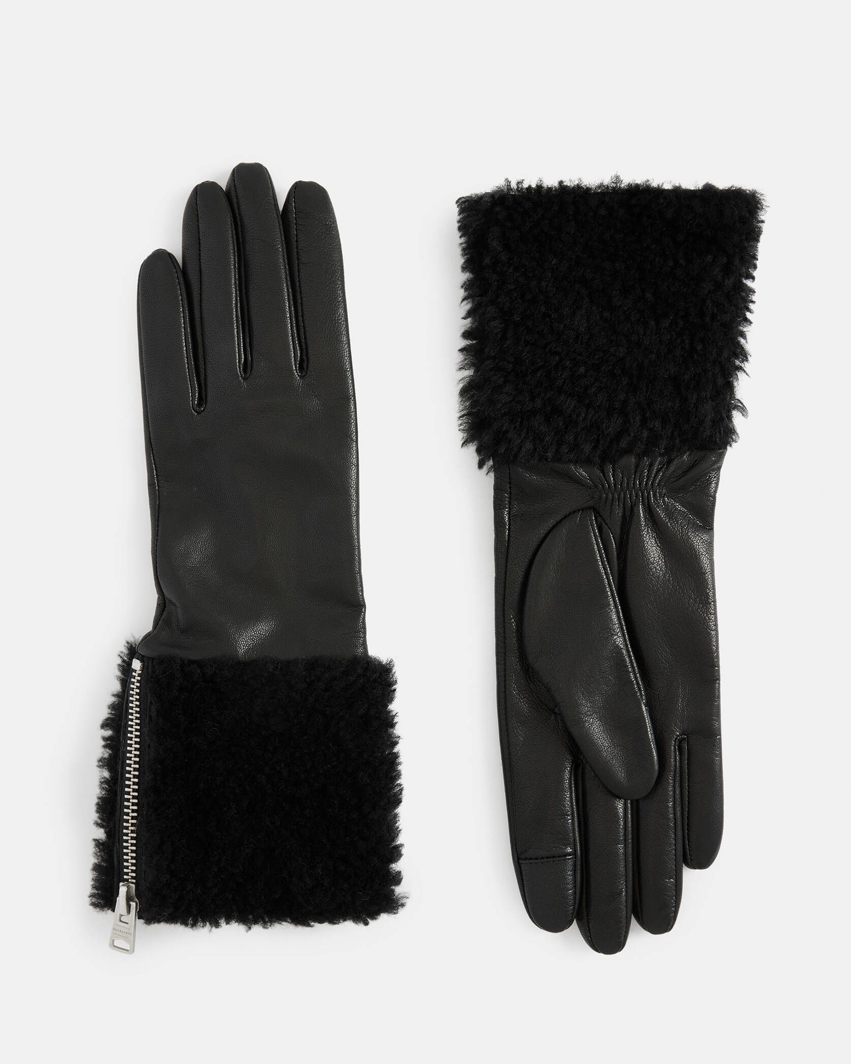 Sasha Leather Faux Shearling Trim Gloves Black | ALLSAINTS | AllSaints UK