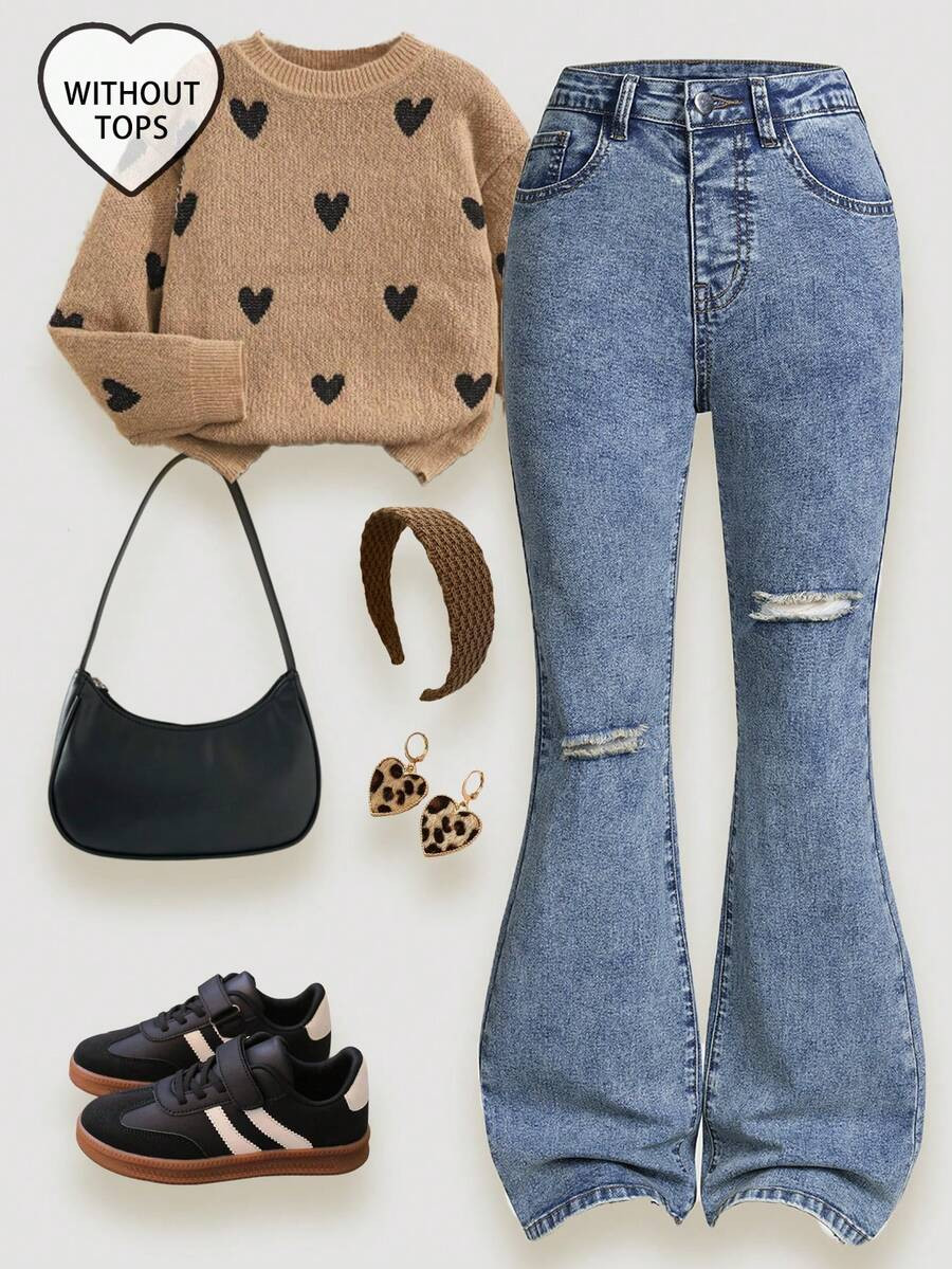 SHEIN Tween Girls Vintage Dark Blue Distressed Flare Jeans, 2025 Autumn/Winter New Arrival, High-... | SHEIN