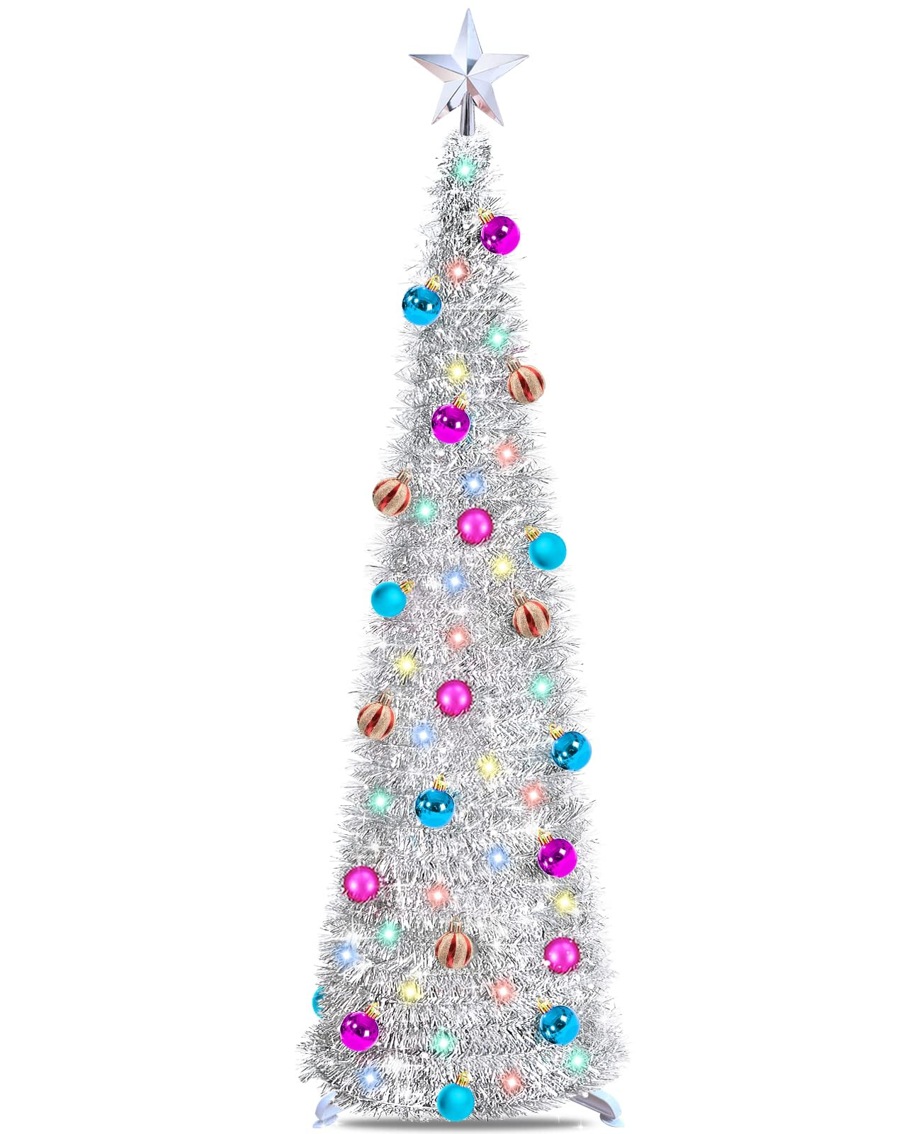 5 Ft Prelit Tinsel Pop Up Christmas Tree with Timer 50 Color Lights 30 Ball Ornaments Star Topper Ba | Amazon (US)