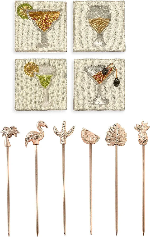 Folkulture Boho Coasters or Beaded Coasters for Drinks or Coffee Table and Cocktail Picks for Bru... | Amazon (US)