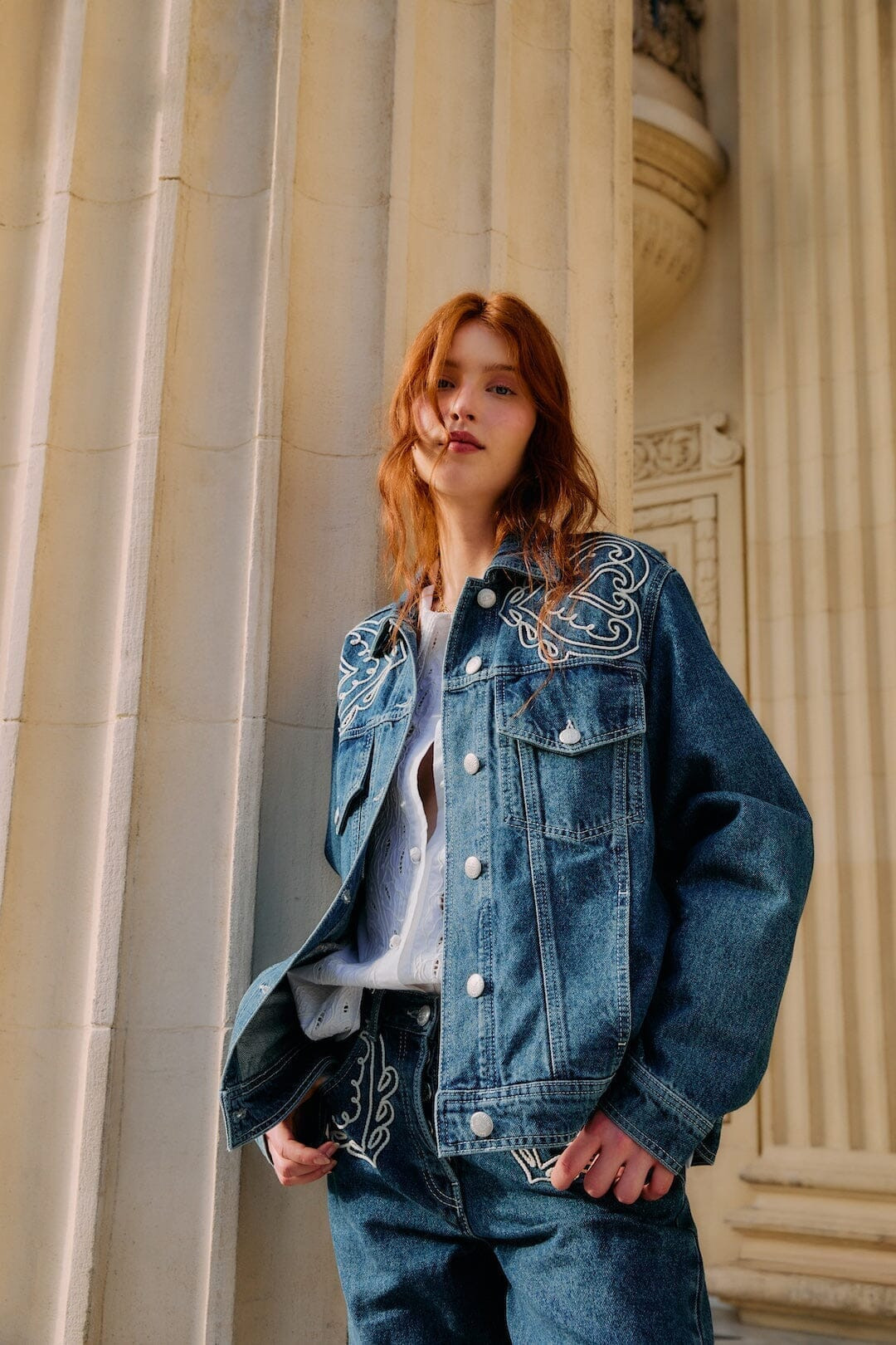 Denim Cornely Buttoned Embroidered Jacket | FARM Rio | FarmRio (US)