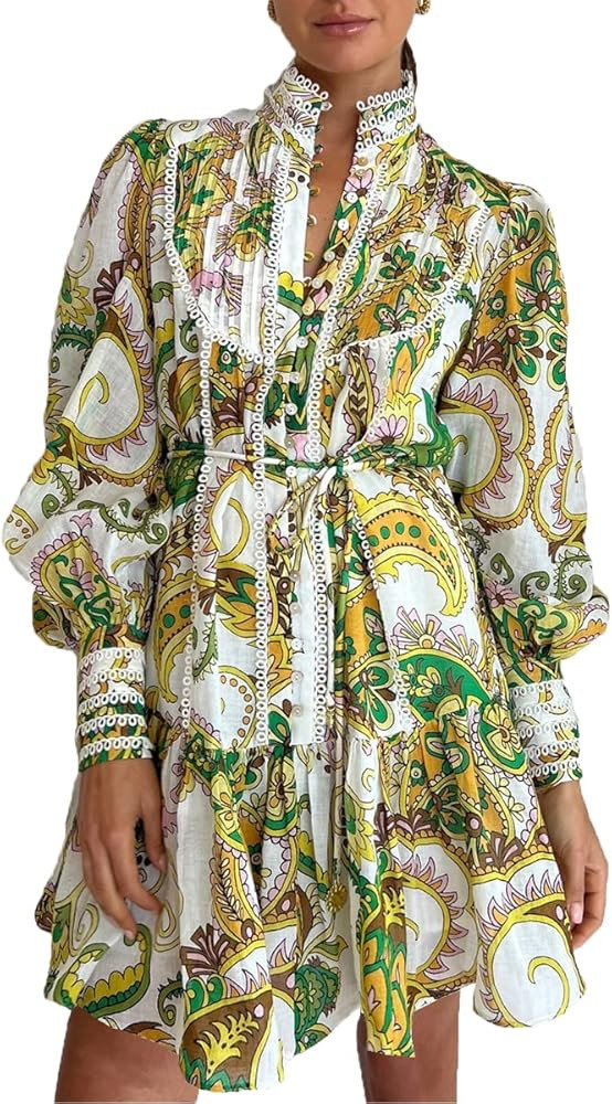 Aofur Summer Cotton V Neck Long Losse Sleeve Casual Party A-Line Dresses Embroidery Short Dress | Amazon (US)