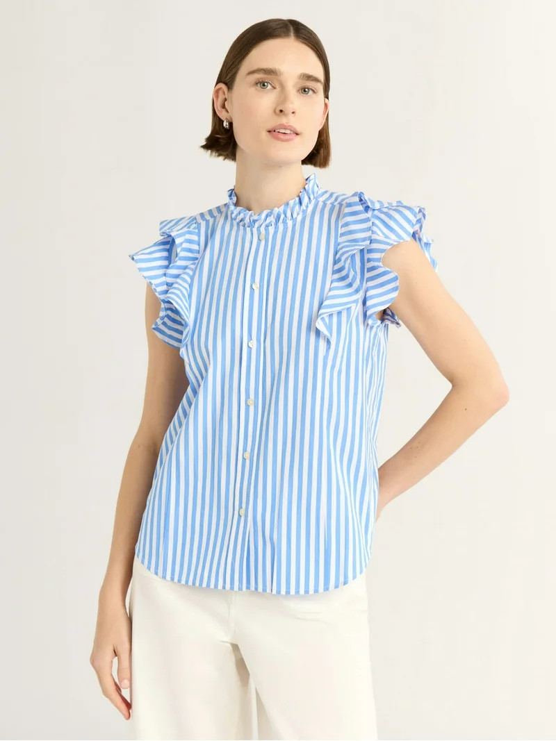 Free Assembly Women's and Women's Plus Size Button Front Ruffle Shirt, Sizes XS-4X | Walmart (US)