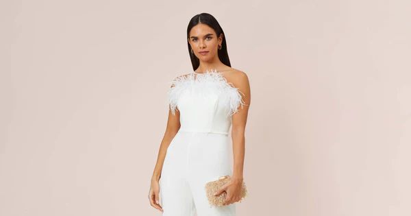 Feather-Trim Crepe Strapless Jumpsuit In Ivory | Adrianna Papell