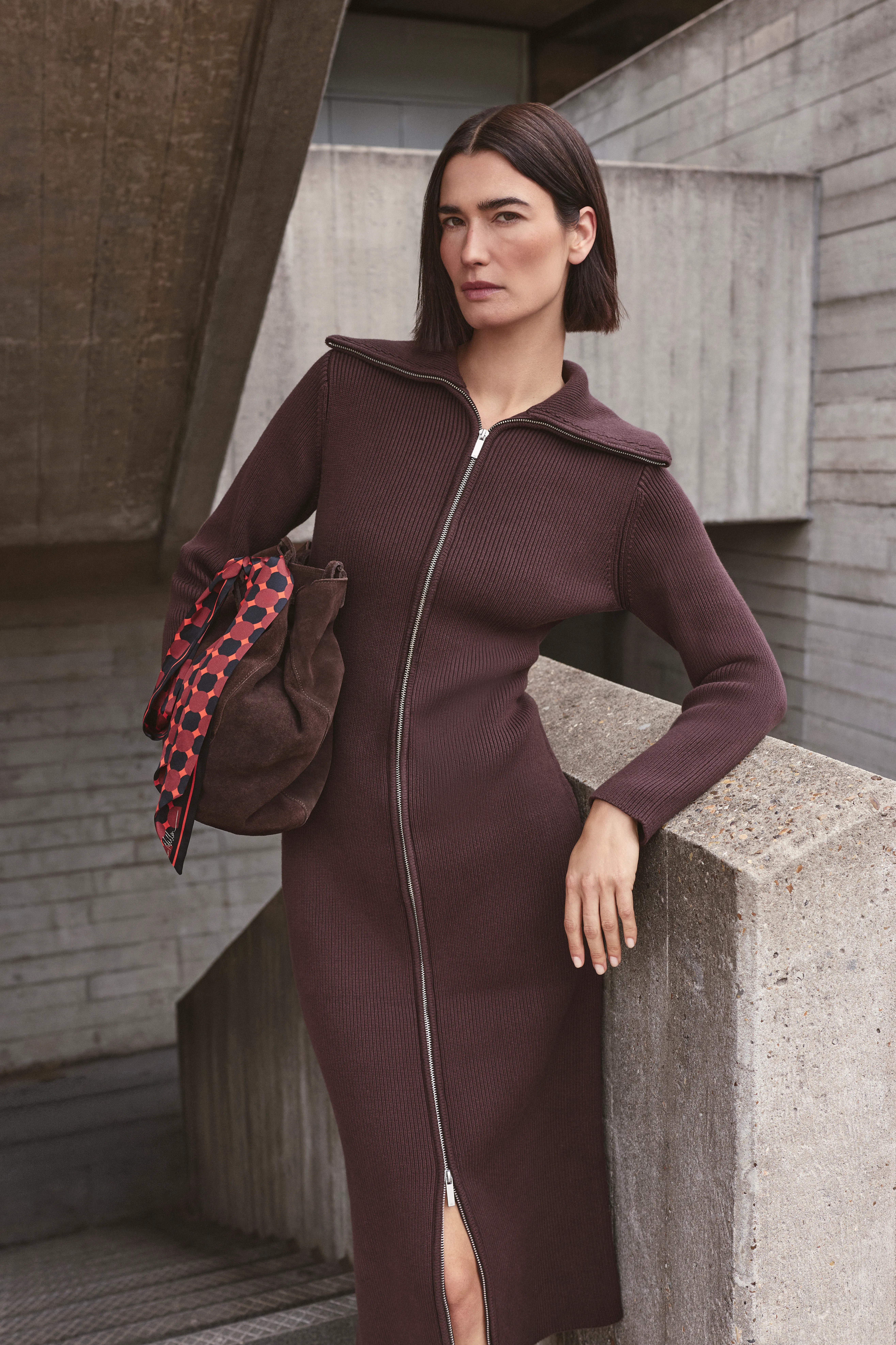 Cotton Zip Through Collar Knitted Midi Dress | Karen Millen