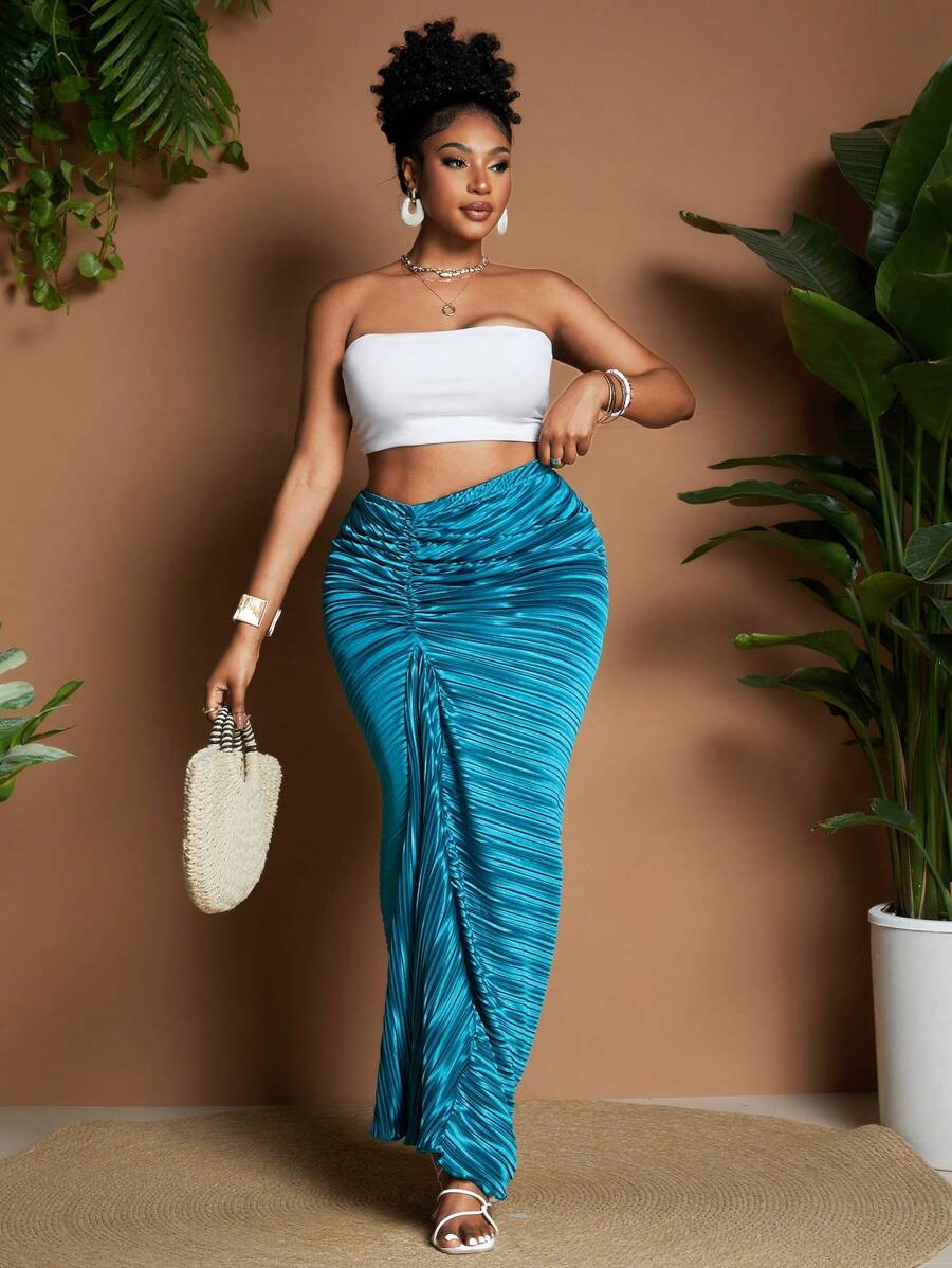 Maweii Plus Size Elegant Solid Color Pleated Ruched Bodycon Skirt, For Party & Banquet | SHEIN