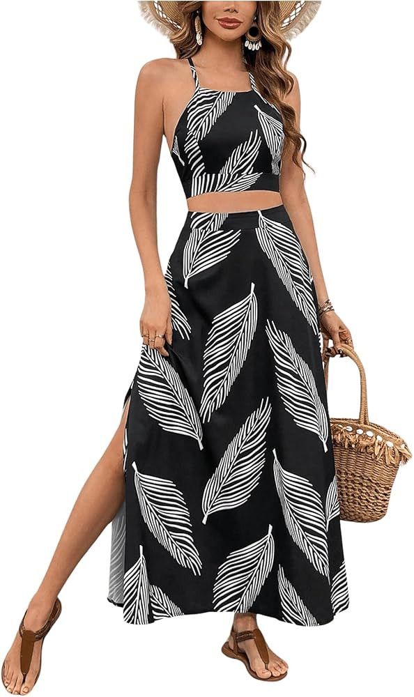 BEAUDRM Women's 2 Piece Sets Summer Vacation Beach Outfits Tie Cami Crop Top and Split Maxi Skirt... | Amazon (US)
