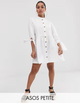 ASOS DESIGN Petite grandad collar button through mini smock dress with tie sleeve | ASOS US