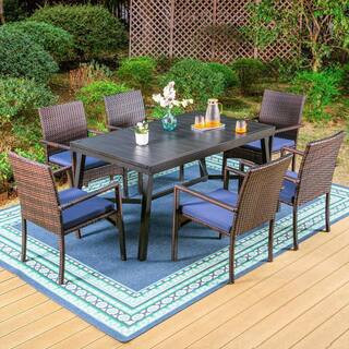 Black 7-Piece Metal Patio Outdoor Dining Set with Rectangle Slat Extendable Table and Rattan Chair with Blue Cushion | The Home Depot
