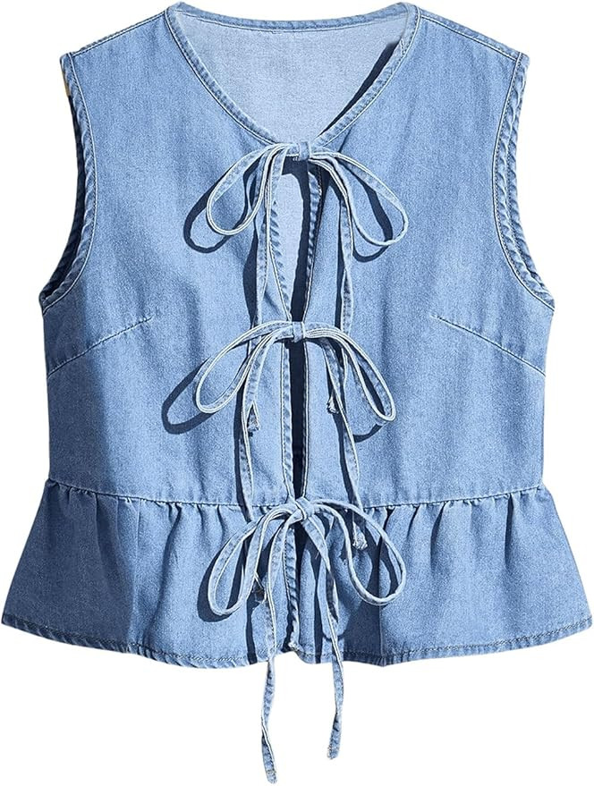 SHENHE Women's Y2k Tie Front Denim Vest V Neck Ruffle Hem Sleeveless Peplum Jean Top Shirt | Amazon (US)