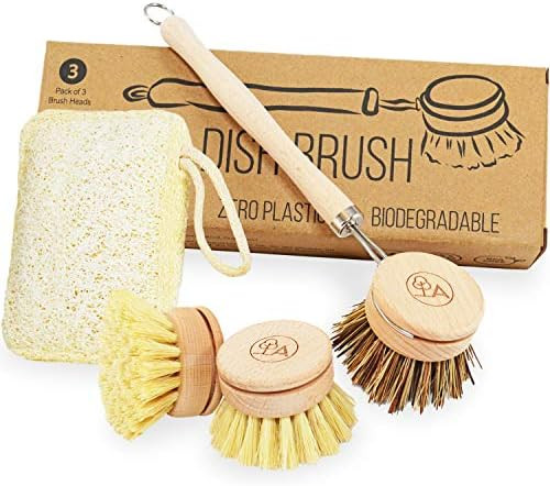 Agile Wooden Dish Brush Set with Eco Sponge - Low Waste Eco Dish Brush with Handle and 3 Replacem... | Amazon (US)