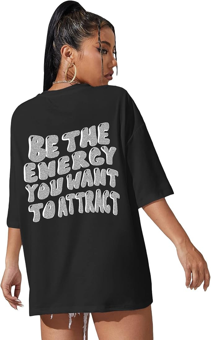 Cozyease Women's Letter Print Oversized Round Neck Short Sleeve Casual T Shirt Top | Amazon (US)