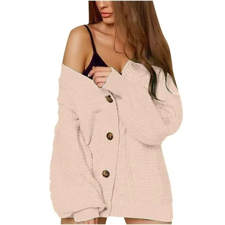 Fesfesfes Women Cardigan Women Solid Color Button Up Long Sleeves Knit Cardigan Loose Tops Blouse Sw | Walmart (US)