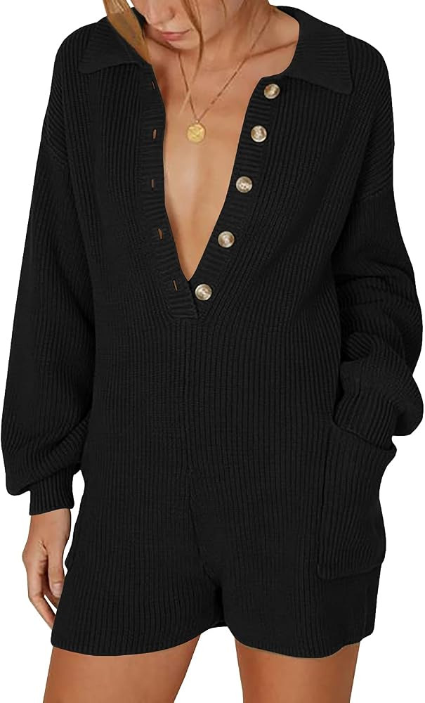 Tymidy Women's Jumpsuit Long Sleeve Knit Sweater Rompers Sexy Deep V Neck Button Down Onesie Loun... | Amazon (US)