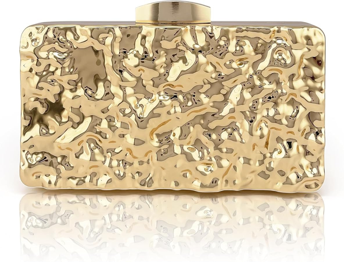 Golden Metal Clutch Evening Bag with Water Ripple Design, Solid Color with Buckle Closure, Chain ... | Amazon (US)