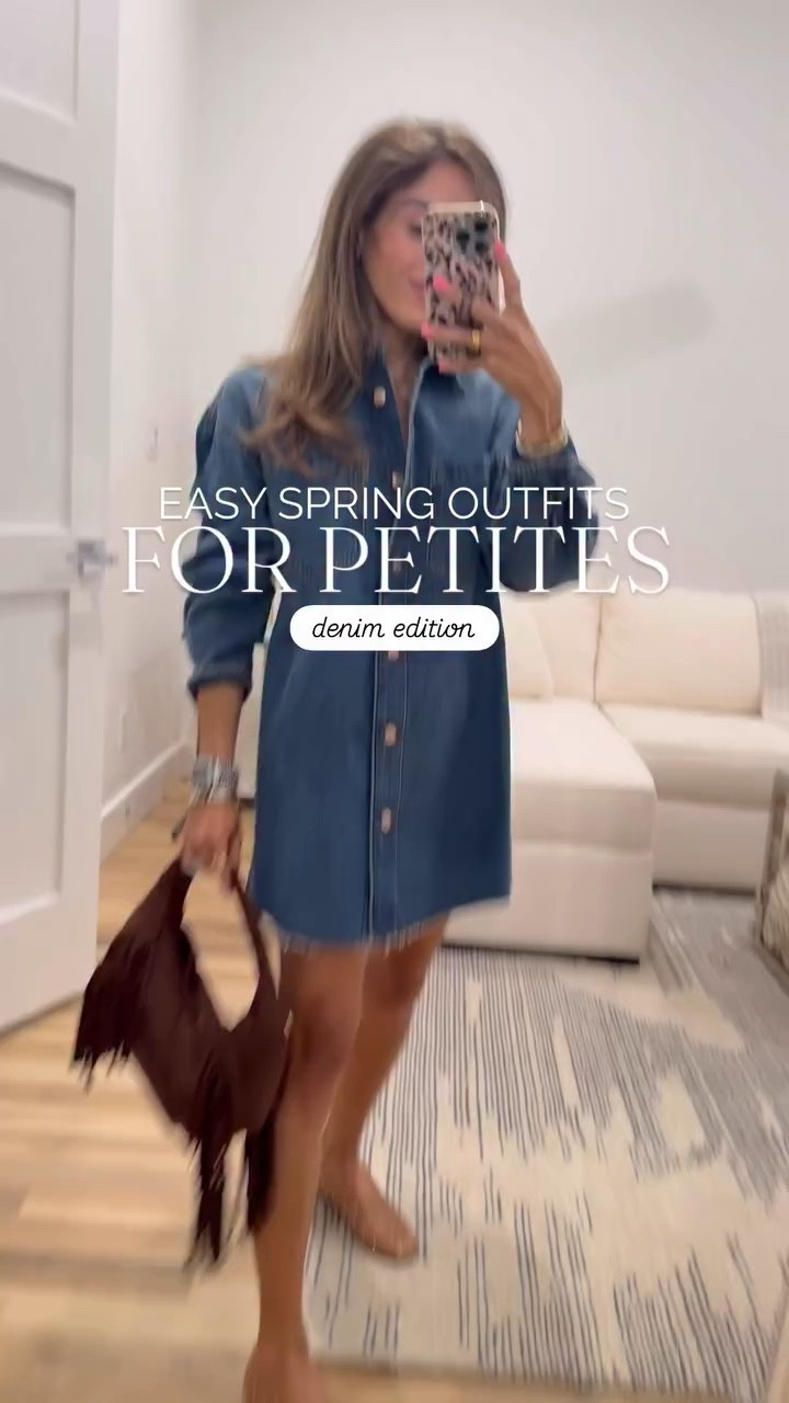 L 4 denim outfit ideas- all petite friendly you can wear into spring that are different from basic denim outfits ✨ my favorite is the shirt dress (oversized fit so can be worn with boots or flats if you’re petite like me) 

spring outfit ideas 2026, spring denim outfits, how to style jeans for spring, wide leg jeans outfit ideas, straight leg denim outfits, light wash jeans outfit inspiration, petite spring outfit ideas, petite friendly denim

#springoutfits
#springdenim
#denimoutfits
#jeansoutfit

#LTKPetite #LTKSaleAlert #LTKootd
